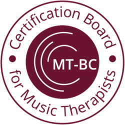 MT-BC digital badge, a circle with the words Certification Board for Music Therapists - MT-BC.
